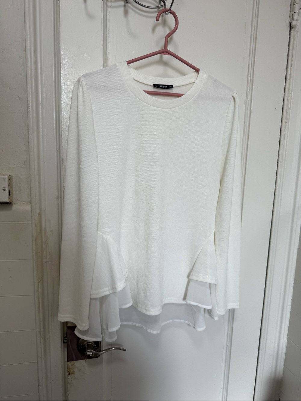 SHEIN White Textured Chiffon Peplum Blouse Top L